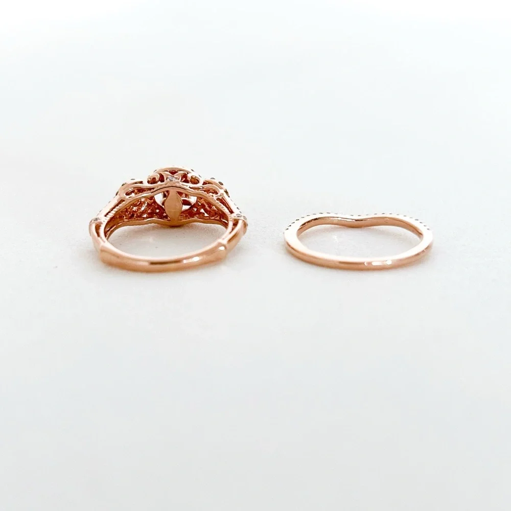 Rose Gold 14K Three Stone Diamond Halo Pave Engagement Ring Wedding Band Set - Picture 9 of 13